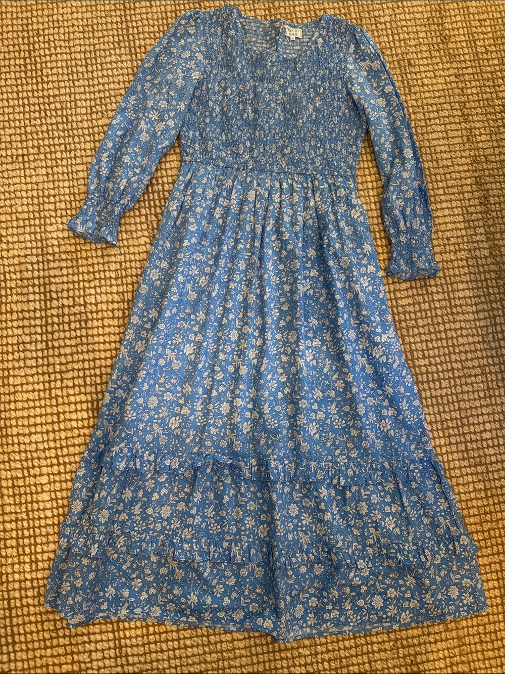 Pink City Prints Floral Smocked Blue Maxi Dress with Long Sleeves
